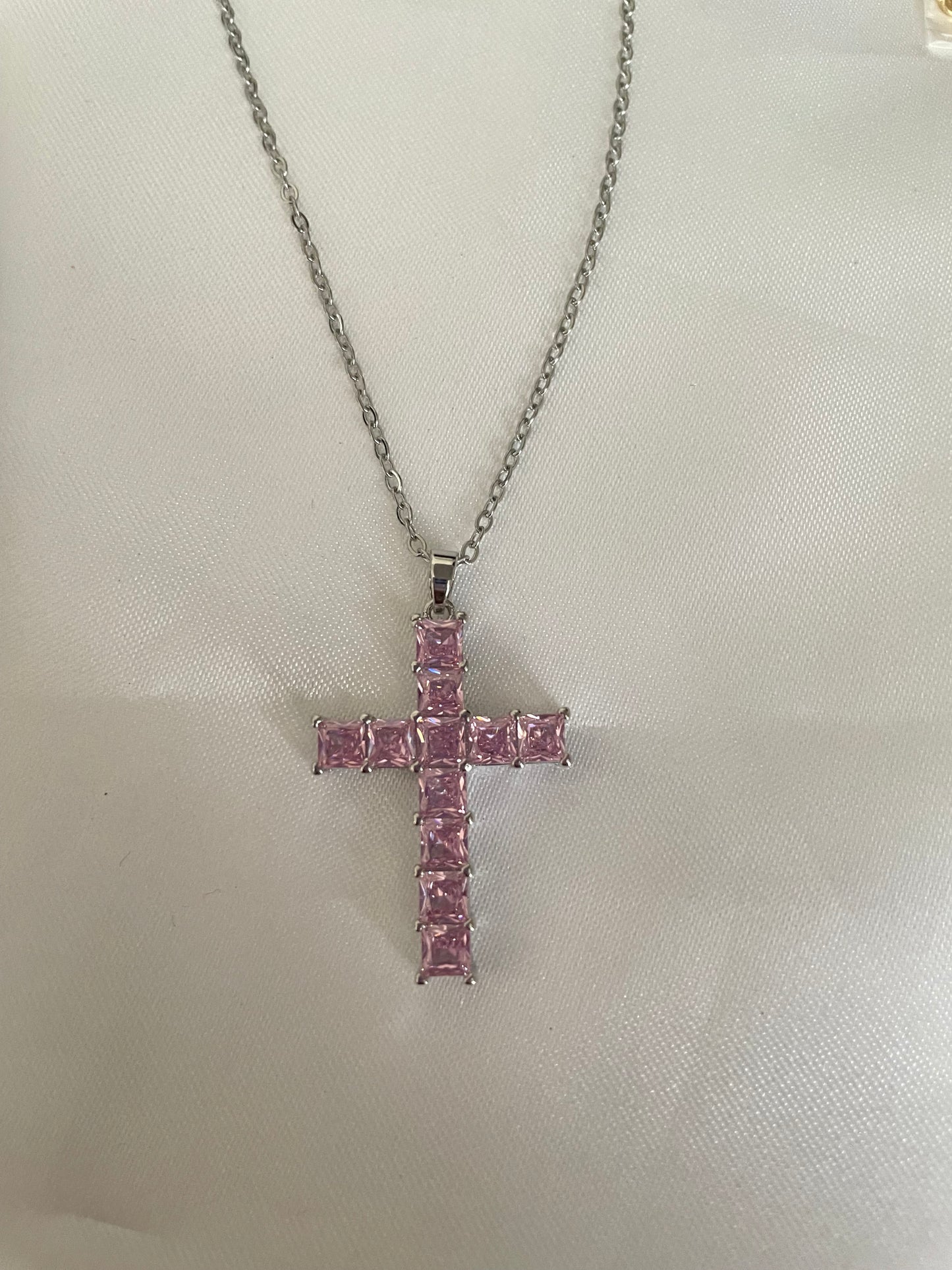 Silver Pink Cross necklace